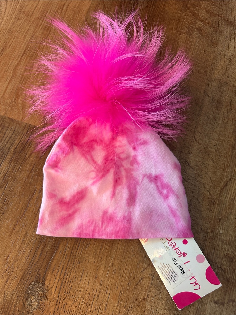 Kids Pink Tie-Dye Beanie with Bright Pink Genuinie Fur Pom